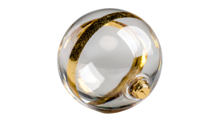 Transparent glass ball ornament with gold accent reflecting light isolated on white background
