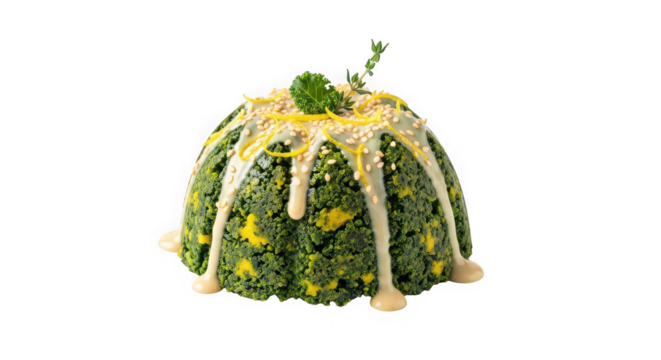 Gourmet green vegetable terrine drizzled with creamy sauce