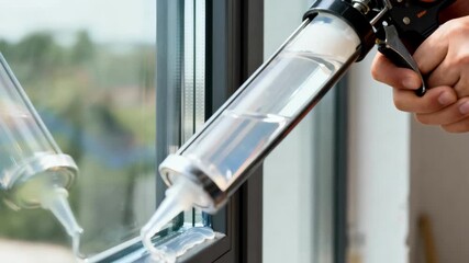 Technician applying clear sealant on glass joint focusing on transparent weatherproof adhesion to ensure energyefficient window performance.