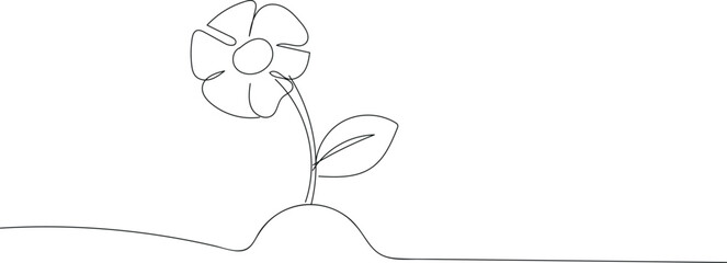 Simple continuous line drawing of a single flower with a leaf growing from the ground