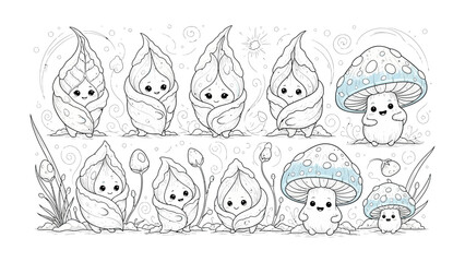 Whimsical Plant Characters: Charming, illustrated plant characters, including sprouts and mushrooms, bring a touch of enchantment and imagination to the scene, perfect for adding a touch of magic.