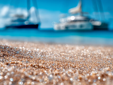 Sparkling sandy beach grains with blurred sailboats floating on calm turquoise water under clear blue sky on a sunny day - Powered by Adobe