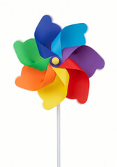 Colorful pinwheel toy spinning in the wind on white  background 
