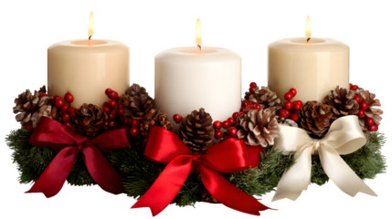 Trio of advent wreaths with candles, ribbons, and pinecones isolated on white background
