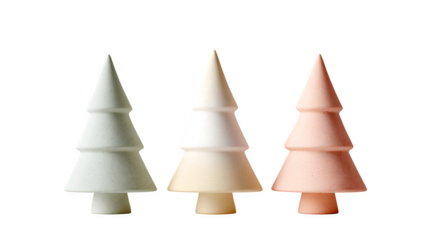 Trio of minimalist Christmas trees in soft pastel tones isolated on white background