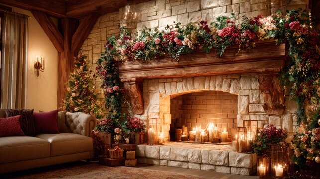 holiday fireplace mantel with garlands