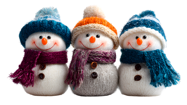 Trio of smiling snowmen wearing scarves and hats isolated on white background