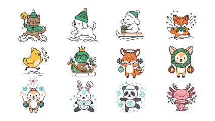 Winter Wonderland of Cute Animals: A heartwarming collection of adorable animals ready for wintertime festivities. Each character, adorned with winter hats and festive decorations.