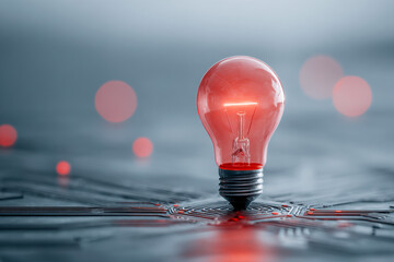 Red light bulb glowing on a futuristic circuit board symbolizing innovation, technology, and creative ideas in a high-tech digital environment