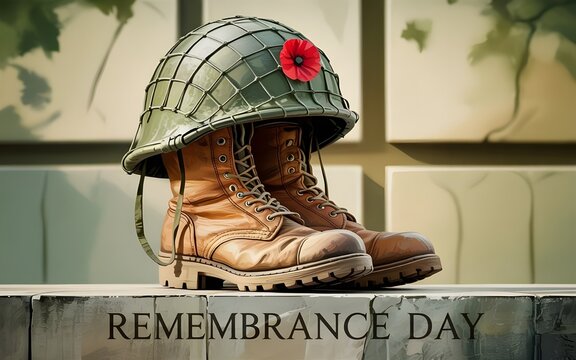 Remembrance day tribute with a soldiers helmet adorned with a red poppy and worn military boots, symbolizing honor and memory