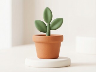 Fototapeta premium Minimalist clay plant in a terracotta pot on a white pedestal, studio shot
