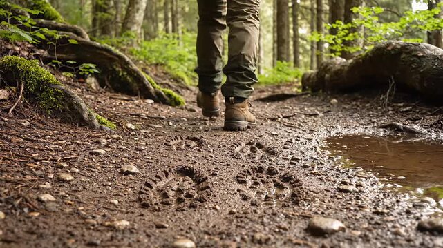 A man walks on a rainy surface, leaving distinct footprints in the wet ground.