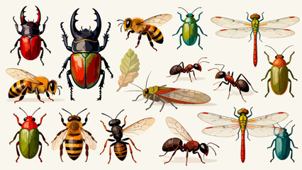 This vibrant illustration displays a diverse collection of colorful insects—including bees, ants, a beetle, dragonfly, mantises, grasshoppers, a fly, and a wasp