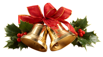 Two golden bells adorned with holly leaves, berries, and red ribbons isolated on white background