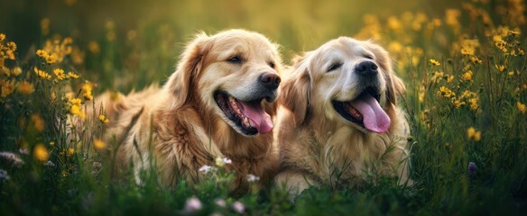 The Golden Retrievers Relaxing Together in a Sunlit Wildflower Meadow at Golden Hour