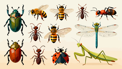 This vibrant illustration displays a diverse collection of colorful insects—including bees, ants, a beetle, dragonfly, mantises, grasshoppers, a fly, and a wasp