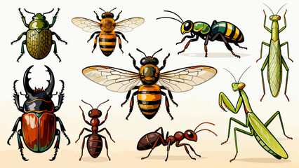 This vibrant illustration displays a diverse collection of colorful insects—including bees, ants, a beetle, dragonfly, mantises, grasshoppers, a fly, and a wasp