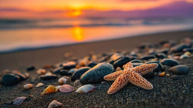 Tranquil beach scene at sunset with starfish and seashells on the sandy shore