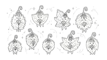 Whimsical Leaf Characters: A charming collection of animated leaf characters with friendly expressions and playful designs. capturing the whimsical, imaginative, and artistic side.