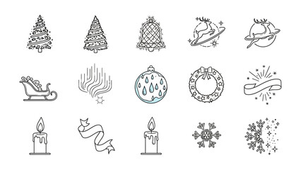Christmas Symbol Icons Set: A collection of meticulously crafted line art icons that perfectly embody the spirit of Christmas, featuring emblematic elements such as festive trees, ornaments, reindeer.