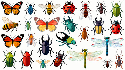 This vibrant illustration displays a diverse collection of colorful insects—including bees, ants, a beetle, dragonfly, mantises, grasshoppers, a fly, and a wasp