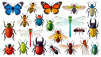This vibrant illustration displays a diverse collection of colorful insects—including bees, ants, a beetle, dragonfly, mantises, grasshoppers, a fly, and a wasp