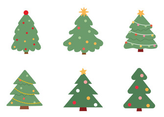 Set of hand drawn Christmas tree illustrations in cozy festive style, simple holiday pine shapes with decorative ornaments, perfect for greeting cards, stickers, packaging