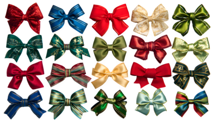 Variety of Christmas bows and ribbons in assorted styles and colors isolated on white background