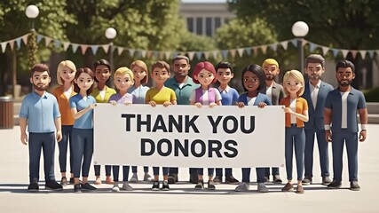 Diverse Animated Characters Holding Thank You Donors Banner Outdoors.