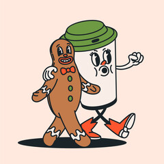 Retro groovy cartoon characters, walking coffee cup and a smiling gingerbread cookie in vintage style. Playful holiday coffee cup and cookie duo with expressive faces. Vector illustratio