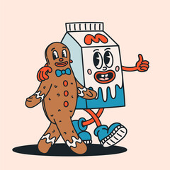 Milk and gingerbread character in groovy retro cartoon style with funny faces. Groovy milk carton and cookie man characters vector illustration. Great for stickers, prints, apparel,holiday graphics