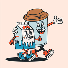 Coffee and milk walking together, cheerful groovy character duo in retro cartoon style. Vintage drink characters with lively poses and expressive faces. Perfect for playful packaging, stickers and