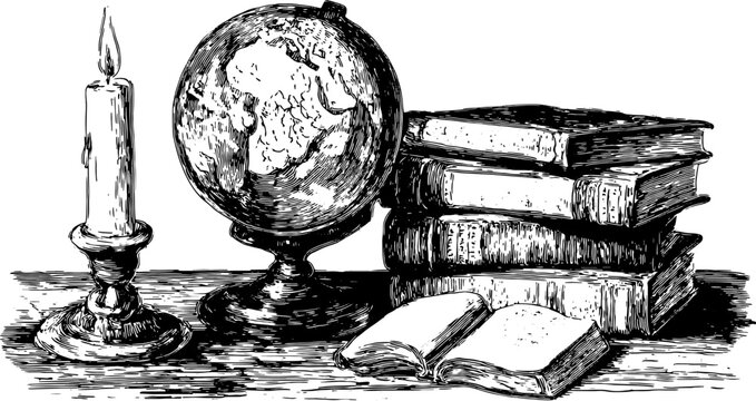 Vintage globe and books set. Engraved illustration with candle lighting for scholarly themes in vector format.