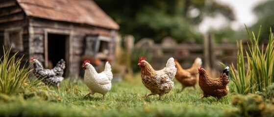 The Chickens Foraging on a Sunny Rustic Farmyard Near a Weathered Wooden Coop