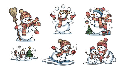 Winter Wonderland Characters: A charming collection of playful snowmen in a wintry scene, engaging in various winter activities, perfect for evoking the joy of the season.