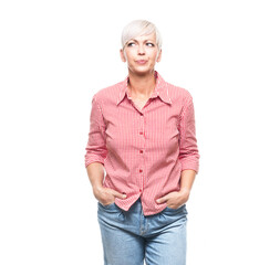 Pouting adult woman, isolated on white background. Displeased adult woman .