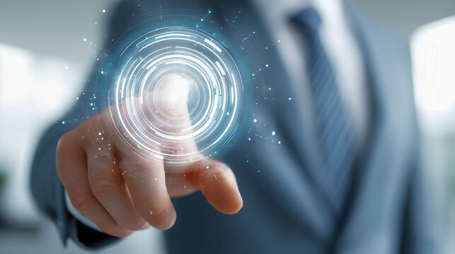 Businessman in suit interacting with futuristic virtual interface hologram featuring digital circular elements and glowing tech design in office setting