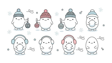 Cute Winter Characters with Ornament and Ear Muffs: A delightful illustration showcases a group of charming winter-themed characters, each adorned with knitted hats, ear muffs, and holding ornaments.