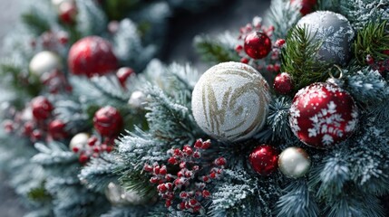 holiday ornaments on frosted pine wreath,