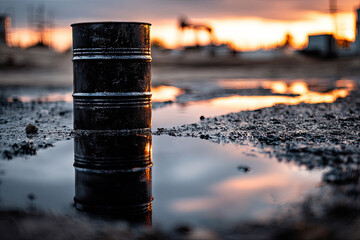 Black crude oil barrel and reflective oil spill with a dark. Park blur background
