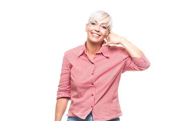 Call me, woman gesturing at speaking on phone while looking to camera, isolated on white background. Adult woman on phone.