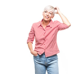 Forgetful woman scratches her head, isolated on white background. Reminder concept.