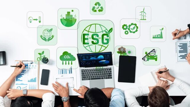 This image illustrates various sustainability strategies with eco-friendly icons surrounding a laptop, showcasing investment practices that promote environmental responsibility and growth. Raster
