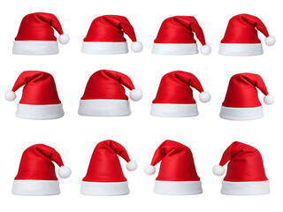 A festive set of red Santa Claus hats for Christmas and New Year celebration