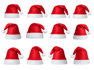 A festive set of red Santa Claus hats for Christmas and New Year celebration