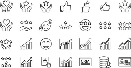 Customer experience icon vector set, black-and-white line symbols for feedback, ratings, and business analytics