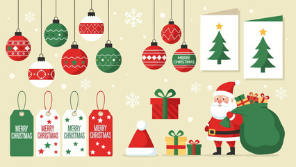 A festive christmas scene with ornaments tags gifts santa and christmas trees on a light blue background christams photos 