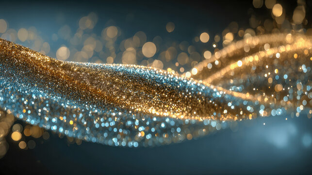 Abstract glittering waves of gold and silver particles creating a dazzling flowing motion effect with bokeh lights in a dark atmospheric background
