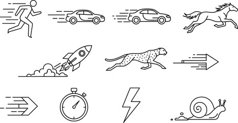 Speed and motion icon vector set, black-and-white dynamic symbols for velocity, energy, and performance