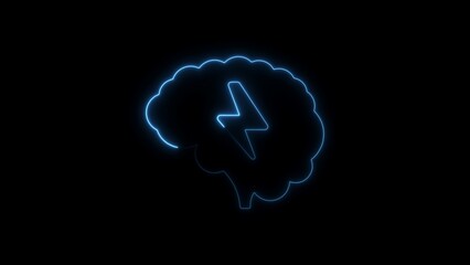Blue neon outline of a brain with a lightning bolt symbol on black background image